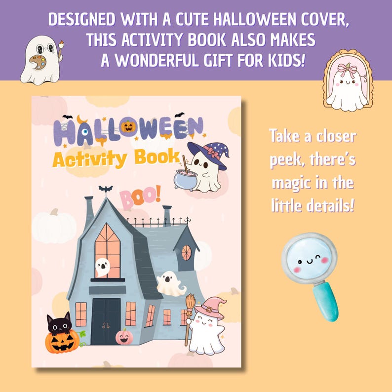 K&ouml;nnte beinhalten: Ein Halloween-Aktivit&auml;tsbuch mit einem Cartoon-Geisterhaus, Geistern und K&uuml;rbissen. Auf dem Cover steht "Halloween Activity Book" mit dem Wort "BOO!" in der Mitte. Der Text oben lautet: "Entworfen mit einem niedlichen Halloween-Cover, ist dieses Aktivit&auml;tsbuch auch ein wunderbares Geschenk f&uuml;r Kinder!"