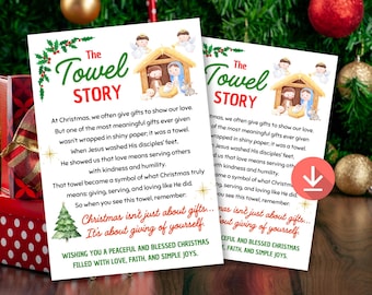 May include: Two Christmas-themed cards with the text "The Towel Story" and a nativity scene illustration. The cards feature a message about the meaning of Christmas, with a Christmas tree and holly accents. The cards are on a red gift box.
