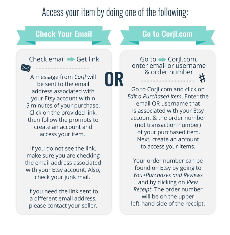 May include: A guide on accessing purchased items, featuring options to check email or visit Corjl.com. The text provides detailed instructions on finding the order and accessing the item. The image uses a light blue and white colour scheme.