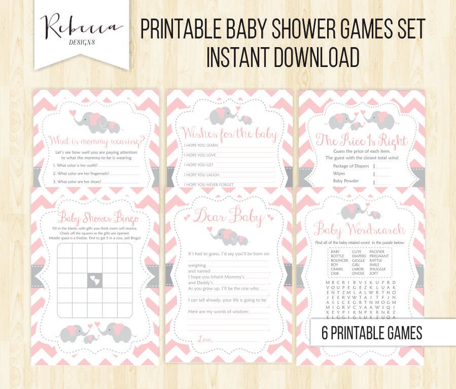 Elephant baby shower games printable games baby shower set 6 | Etsy