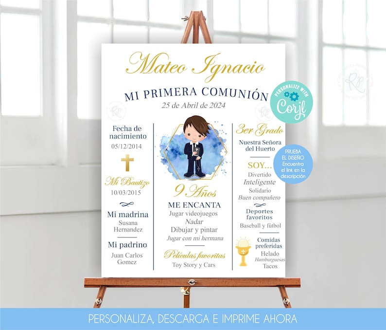 Cartel Primera Comunion Editable Bienvenida Primera Comunion De Niño Invitacion Comunion Nino Decoracion Sign Boy Communion In Spanish 349 image 1