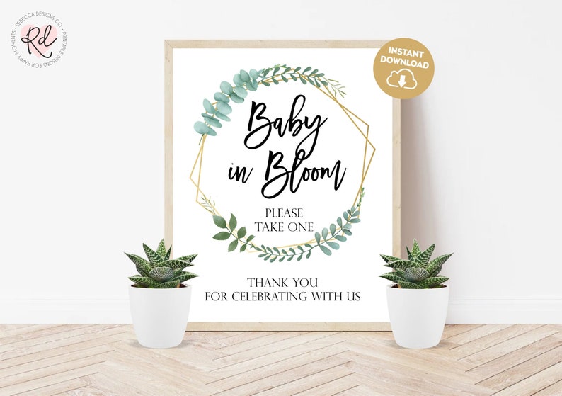 Baby in bloom sign printable succulent favors baby shower sign greenery sign seeds favors sign eucalyptus baby shower plant favors sign 323 image 1