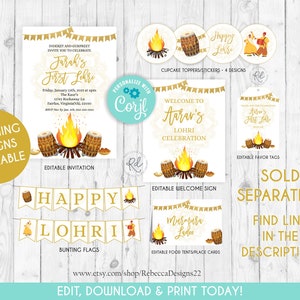 May include: An editable printable set for a Lohri celebration. The set includes an invitation, welcome sign, favour tags, bunting flags, and food tent place cards. The design features a bonfire, drums, and traditional Indian clothing. The text on the invitation reads "Indesit and Gurpreet invite you to celebrate Farah's First Lohri".