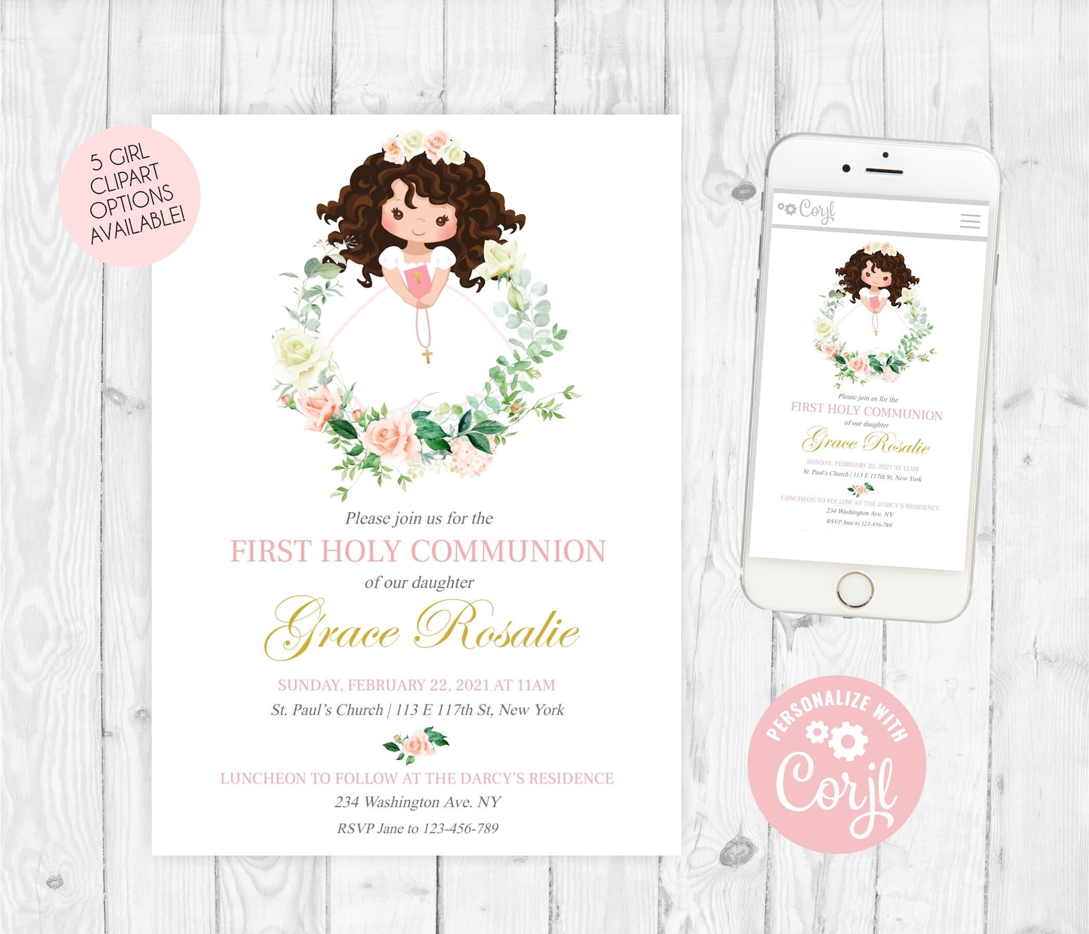 First Holy Communion Invitation for Girls First Communion Invite Girl ...