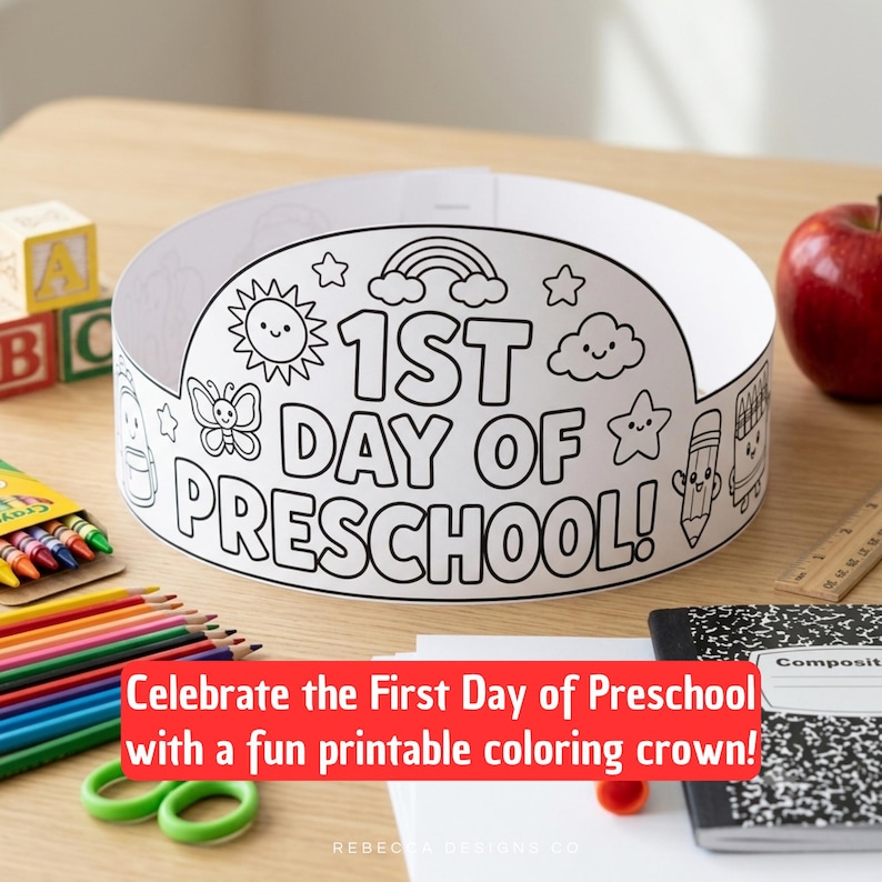 Op de afbeelding: Een witte papieren kroon om in te kleuren met de zwarte tekst 1ST DAY OF PRESCHOOL! Het ontwerp bevat lijntekeningen van een lachende zon, een regenboog, een vlinder, een ster, een wolk, een potlood en een kleurkrijtje op een ronde band.
