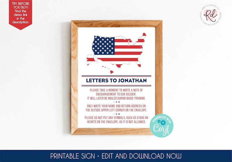 K&ouml;nnte beinhalten: Ein gerahmtes, druckbares Schild mit Holzrahmen. Das Schild zeigt eine Karte der Vereinigten Staaten mit dem Design der amerikanischen Flagge. Der Text enth&auml;lt "Briefe an Jonathan" und Anweisungen zum Schreiben einer Notiz an einen Soldaten. Das Schild ist personalisierbar.