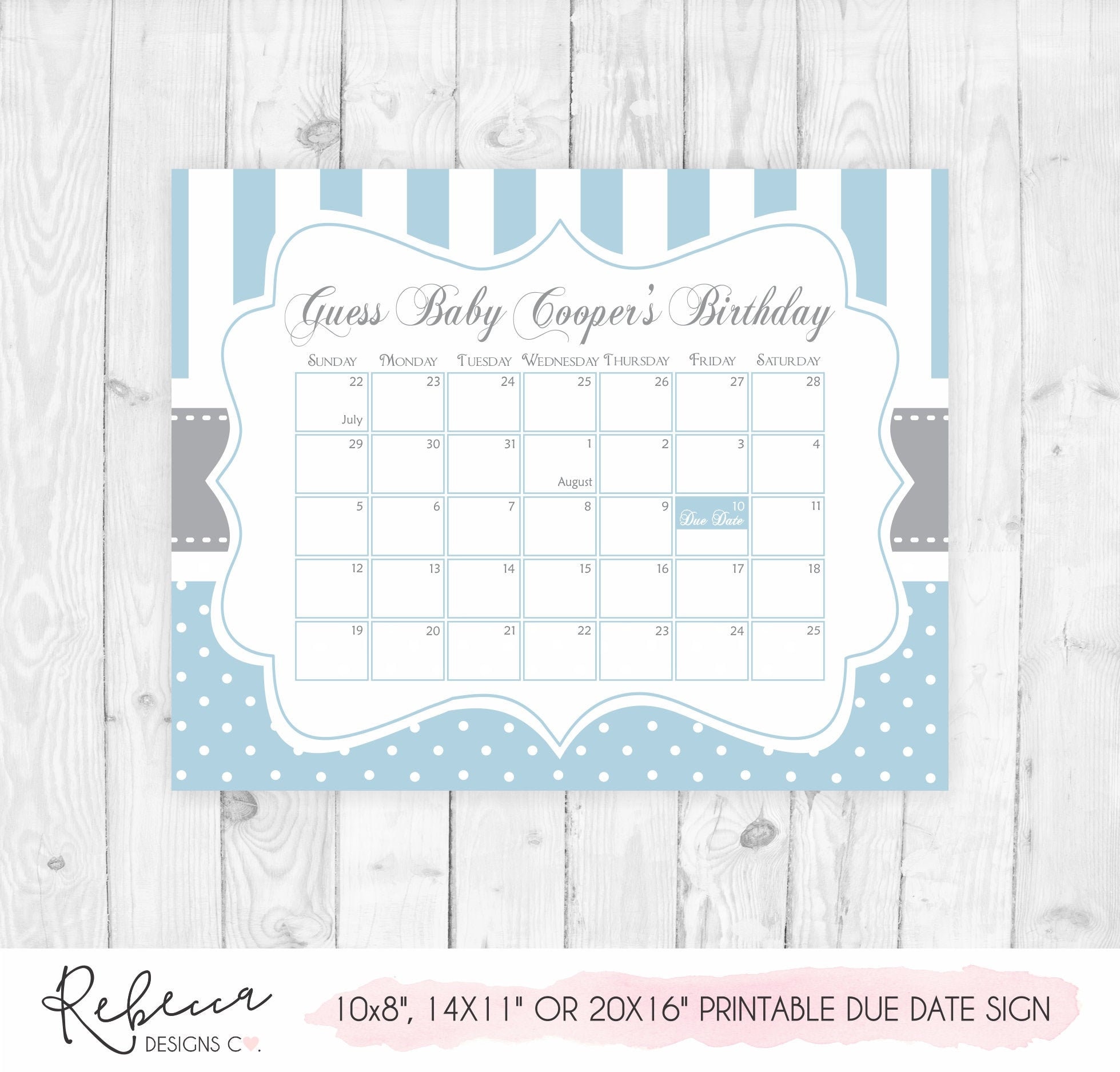 Guess the date boy printable due date calendar blue baby Etsy
