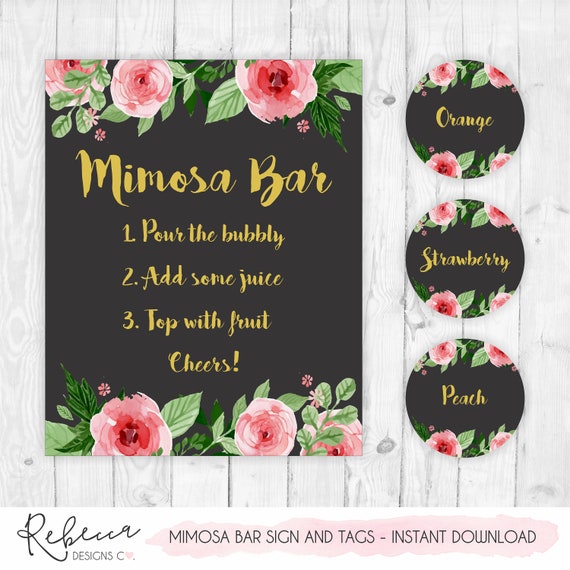 Mimosa bar sign juice labels mimosa bar printable sign black and gold ...