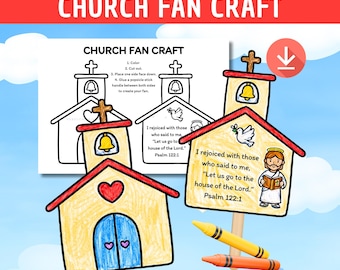 Church Fan Craft for Kids Printable Sunday School Bible Lesson Children's Church Christian Bible Activity Church Activity Kids Coloring Page