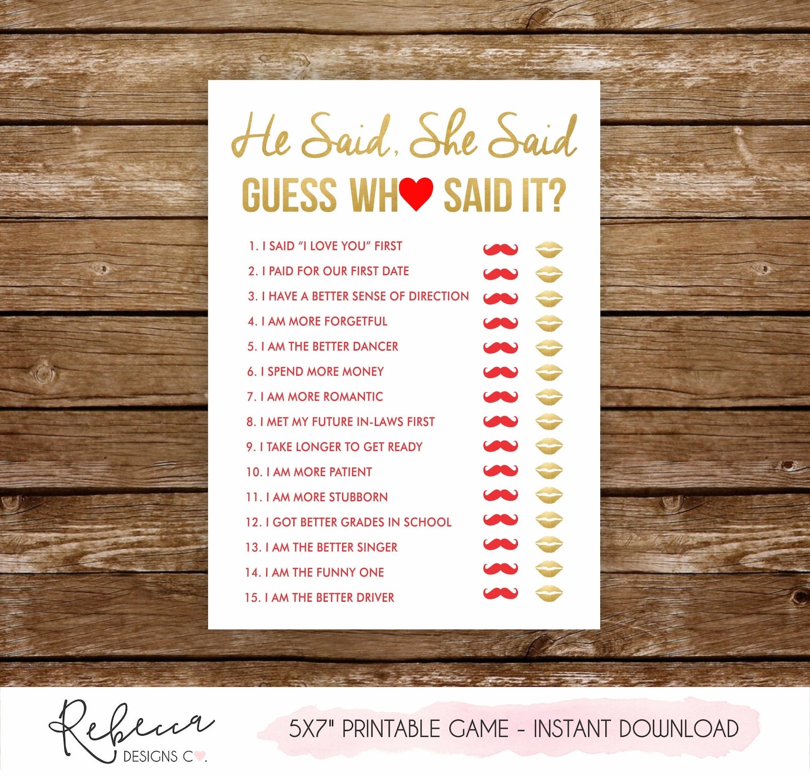 He Said She Said Game Printable Bridal Shower Game Lucky in - Etsy
