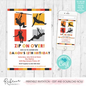 Peut inclure: Invitation imprimable pour une f&ecirc;te d'anniversaire de 12 ans sur le th&egrave;me de la tyrolienne. L'invitation pr&eacute;sente un design color&eacute; avec des silhouettes de personnes en tyrolienne et le texte "ZIP ON OVER! Join us to celebrate DAMON'S 12TH BIRTHDAY".