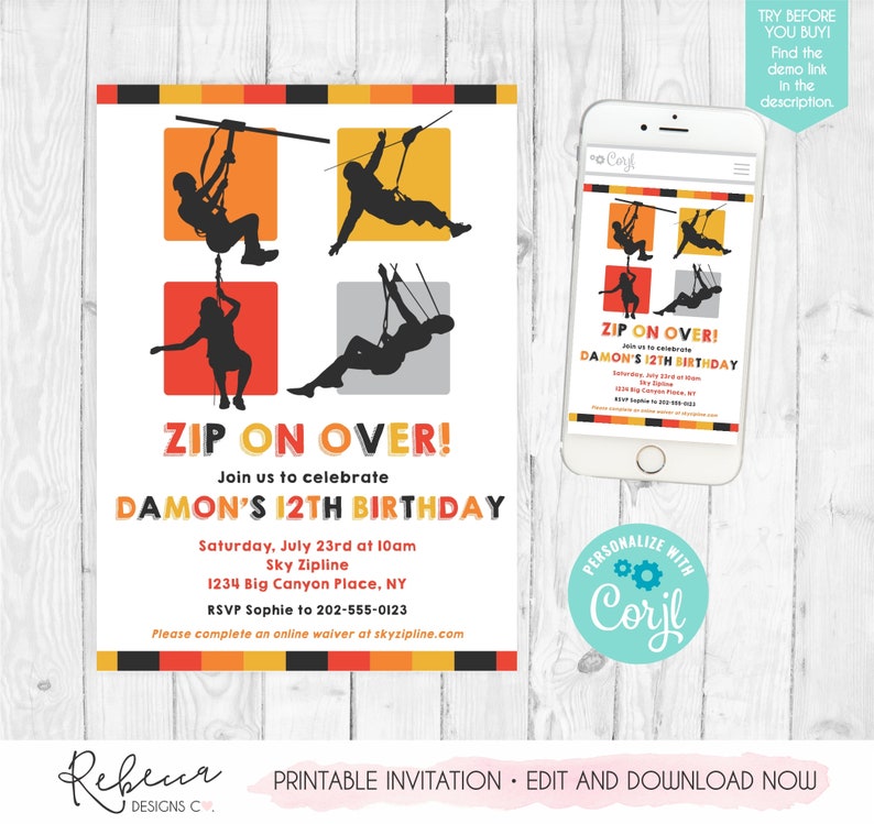 Peut inclure: Invitation imprimable pour une f&ecirc;te d'anniversaire de 12 ans sur le th&egrave;me de la tyrolienne. L'invitation pr&eacute;sente un design color&eacute; avec des silhouettes de personnes en tyrolienne et le texte "ZIP ON OVER! Join us to celebrate DAMON'S 12TH BIRTHDAY".