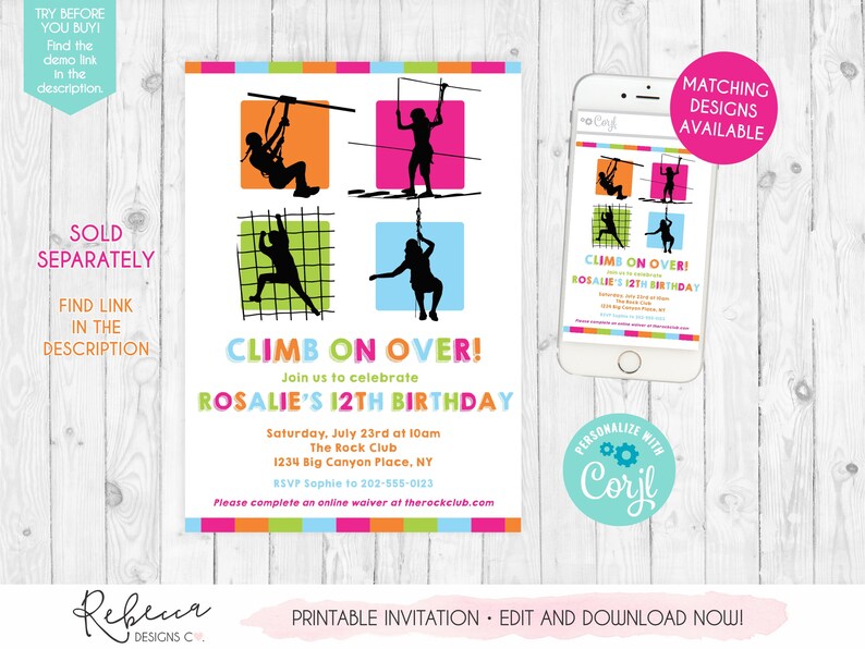 Peut inclure: Invitation imprimable pour une f&ecirc;te d'anniversaire de 12 ans sur le th&egrave;me de l'escalade. L'invitation pr&eacute;sente un design color&eacute; avec des silhouettes de personnes grimpant des cordes et un texte qui dit "Climb on Over! Join us to celebrate Rosalie's 12th Birthday".