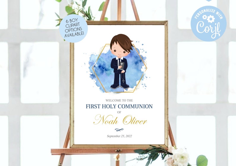 May include: A printable sign for a First Holy Communion celebration. The sign features a watercolour background with a gold geometric frame. A cartoon boy in a suit and holding a bible is in the centre of the sign. The text on the sign reads "Welcome to the First Holy Communion of Noah Oliver September 25, 2022".