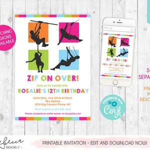 Peut inclure: Invitation imprimable pour une f&ecirc;te d'anniversaire de 12 ans sur le th&egrave;me de la tyrolienne. L'invitation pr&eacute;sente un design color&eacute; avec des silhouettes de personnes en tyrolienne. Le texte indique "Zip On Over! Rejoignez-nous pour c&eacute;l&eacute;brer le 12e anniversaire de Rosalie".