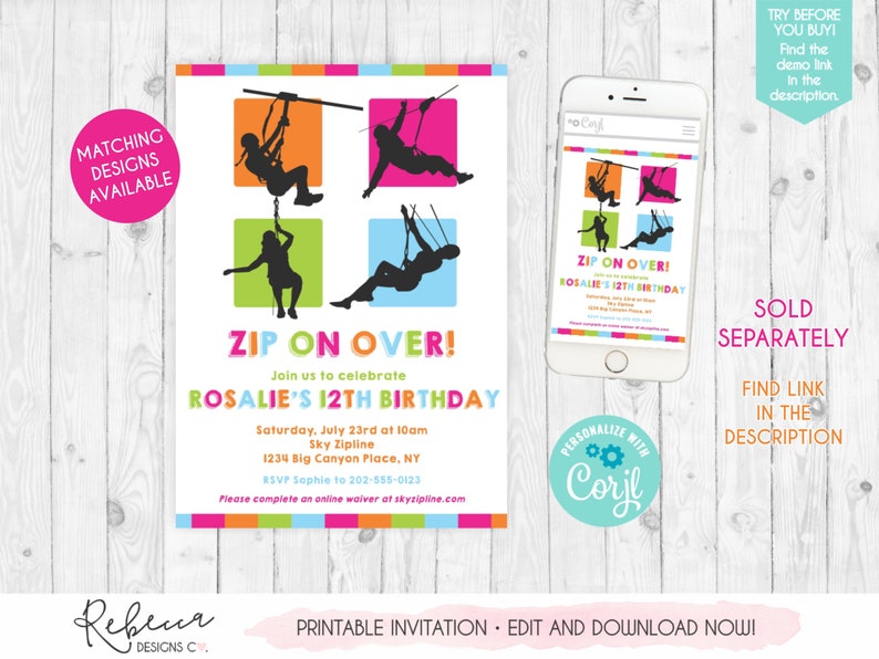 Peut inclure: Invitation imprimable pour une f&ecirc;te d'anniversaire de 12 ans sur le th&egrave;me de la tyrolienne. L'invitation pr&eacute;sente un design color&eacute; avec des silhouettes de personnes en tyrolienne. Le texte indique "Zip On Over! Rejoignez-nous pour c&eacute;l&eacute;brer le 12e anniversaire de Rosalie".