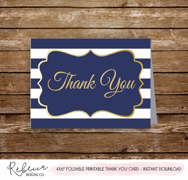 Navy Thank You Card Printable Birthday Thank You Card Navy Etsy
