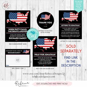 K&ouml;nnte beinhalten: Eine Sammlung patriotisch gestalteter, druckbarer Designs mit der amerikanischen Flagge und Umrissen der USA. Enth&auml;lt Schilder, Etiketten und Karten mit Texten wie "Danke", "Bete f&uuml;r Jonathan" und "Briefe an Jonathan."