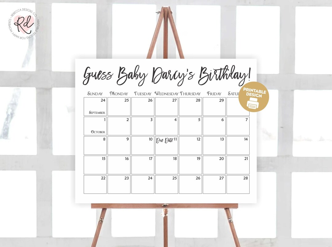 Guess the Date Printable Due Date Calendar Black and White Baby Shower ...