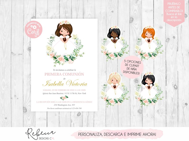 Invitacion de comunion niña imprimible fiesta primera comunion nina invitacion rosa first communion girl in spanish comunion en español image 1