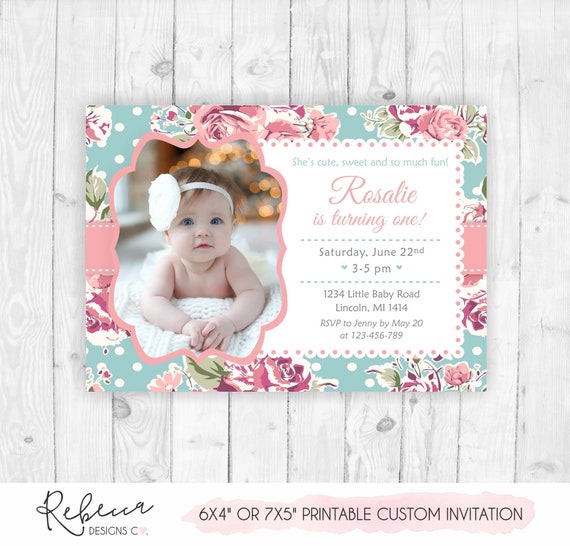 First Birthday Girl Birthday Invitation Printable Baby Girl Birthday Party Invitation Shabby 