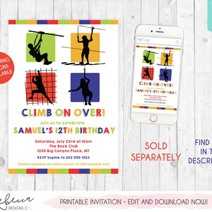 以下が含まれることがあります： クライミングをテーマにした12歳の誕生日パーティーの印刷可能な招待状。招待状は、ロープを登る人のシルエットが描かれたカラフルなデザインです。「Climb on Over!」というテキストが招待状に記載されています。招待状には、パーティーの詳細（日付、時間、場所、RSVP情報）が記載されています。