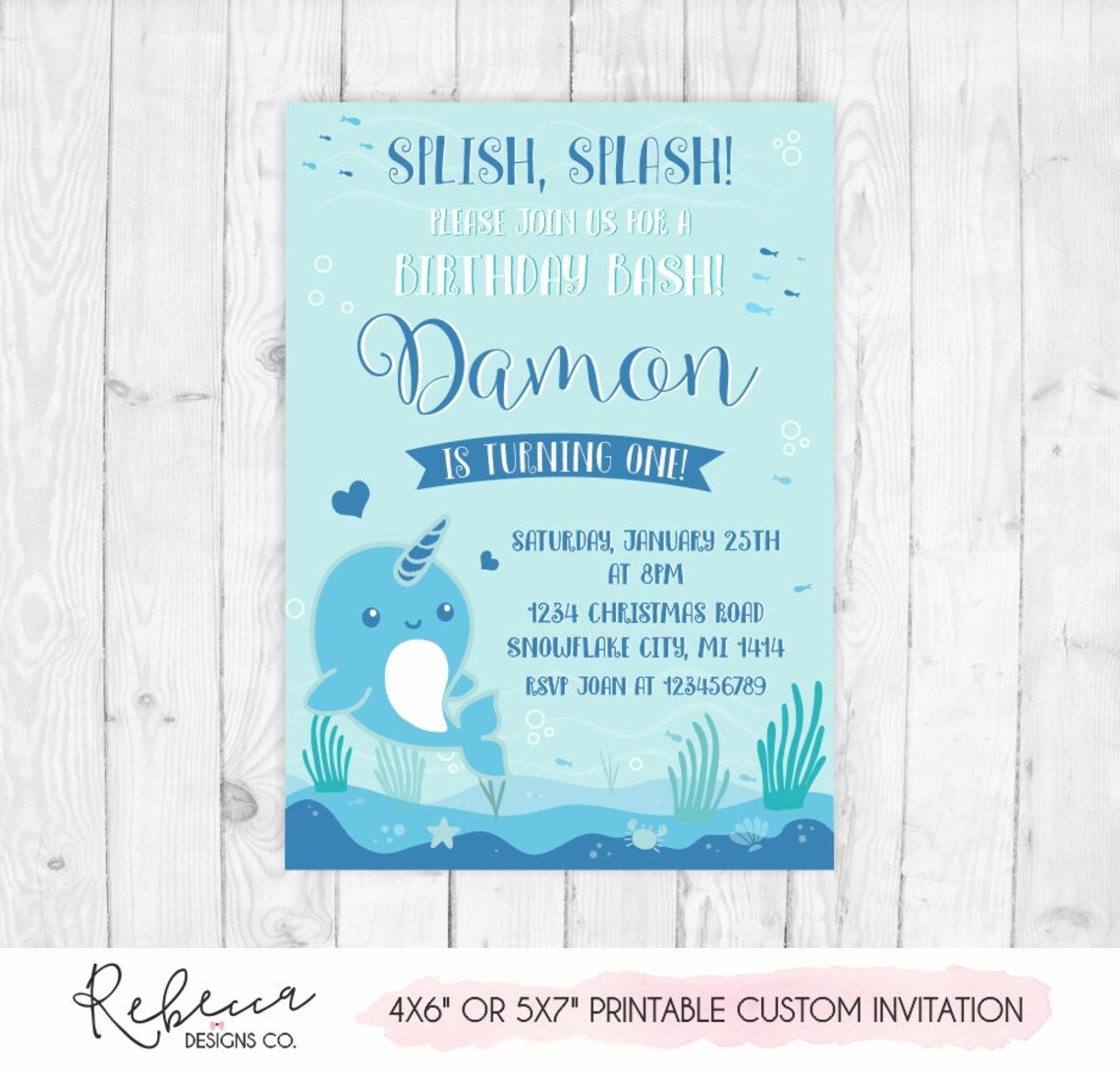 Narwhal invitation narwhal birthday invitation boy printable | Etsy