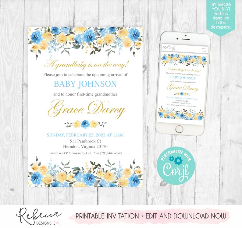 Grandparents baby shower invitation Grandmother baby shower template invitation digital grandma shower granchild shower invite grandson 337 image 2