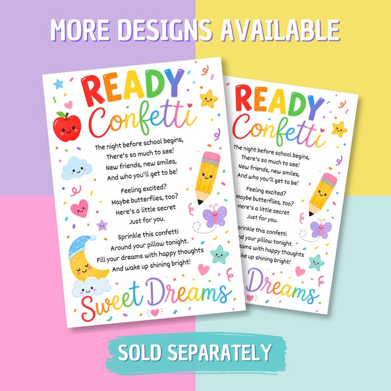 Op de afbeelding: Twee witte rechthoekige kaarten met de tekst READY Confetti en een gedicht over de nacht voor de eerste schooldag. De kaarten bevatten kleurrijke illustraties van een lachende appel, potlood, maan, sterren, wolken, hartjes en vlinders met confetti.