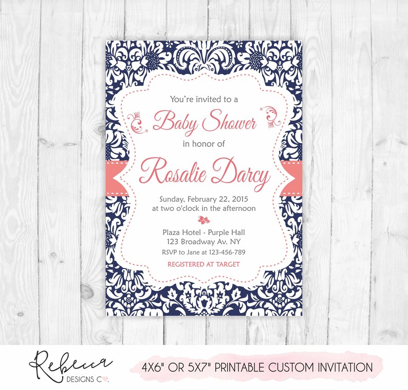 Baby Shower Brunch Invitation Printable Navy And Coral Tea Etsy