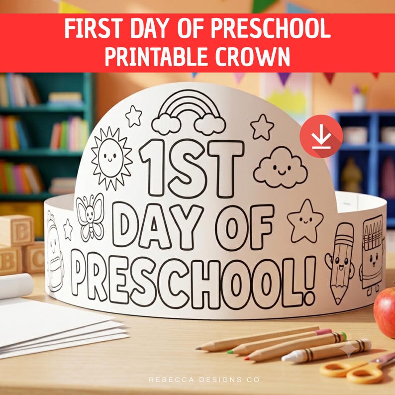Op de afbeelding: Een witte papieren kroon om in te kleuren met de tekst 1ST DAY OF PRESCHOOL! voorzien van zwarte lijntekeningen van een regenboog, zon, wolken, sterren, een vlinder, een potlood en een kleurpotlood voor kinderen.