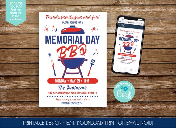 Memorial Day Invitation Printable Memorial Day BBQ Invitation Memorial Day Party Flyer Digital Invite Memorial Day Block Party Sign 4th July Il_570xn