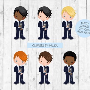 May include: Six illustrations of boys dressed in dark blue suits, white shirts, and ties. Each boy is holding a book and a rosary. The boys have different hair colours and skin tones. The text "6 BOY CLIPART OPTIONS AVAILABLE!" is in the top right corner of the image.