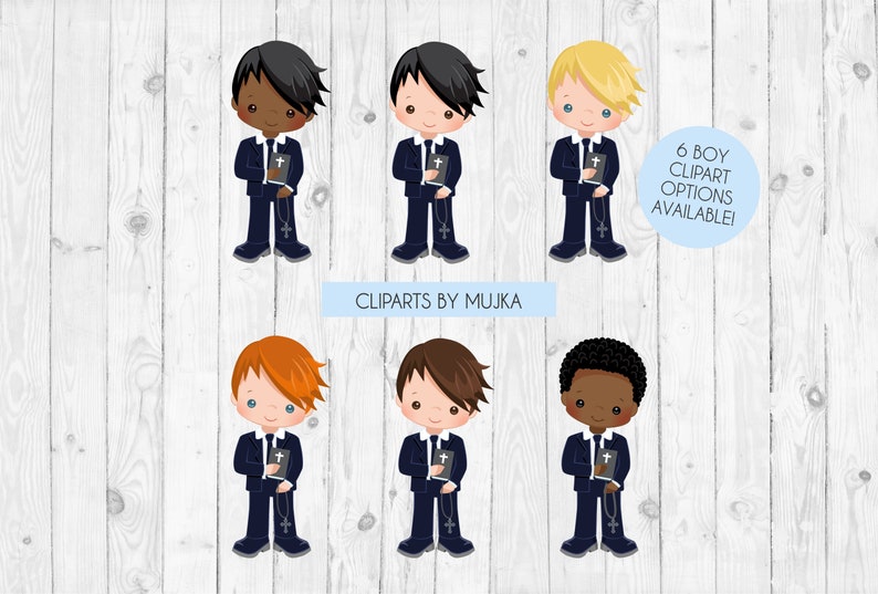 May include: Six illustrations of boys dressed in dark blue suits, white shirts, and ties. Each boy is holding a book and a rosary. The boys have different hair colours and skin tones. The text "6 BOY CLIPART OPTIONS AVAILABLE!" is in the top right corner of the image.