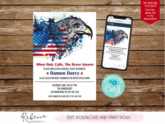 Going away military invitation deployment party army going away party invitation boot camp invitation army graduation basic training 328