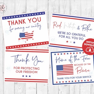 May include: Four printable cards with red, white, and blue patriotic designs. The cards feature the text "Thank You", "Red, White & Blue", "Home of the Free", and "Thank You". The cards also feature images of the American flag.