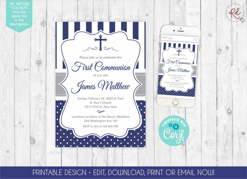 Boy First Communion Invitation First Communion Invite Navy Blue Invitation Boy Communion Invitation Baptism Invitation Printable 178 image 1