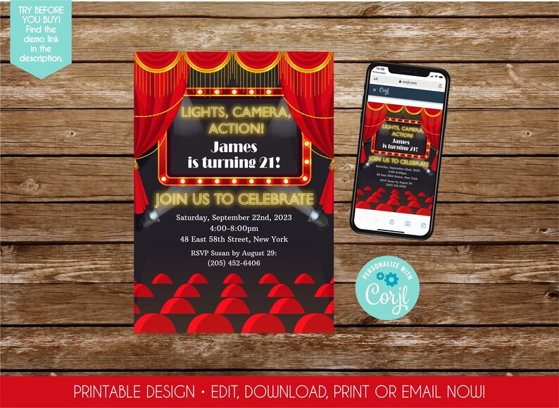 Movie Birthday Invitation Movie Night Invitation Lights Camera Action Invite Movie Party School Auction Printable Opening Night Invite 285 image 1
