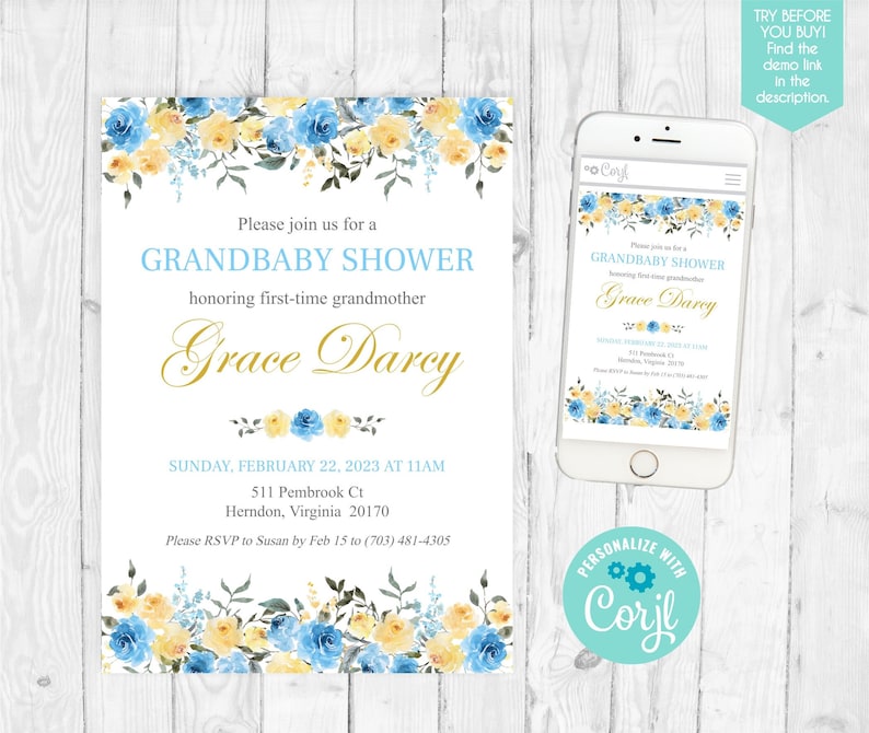 Grandmother baby shower template invite floral grandparents shower invitation grandma baby shower granchild shower invite grandson 337 image 2