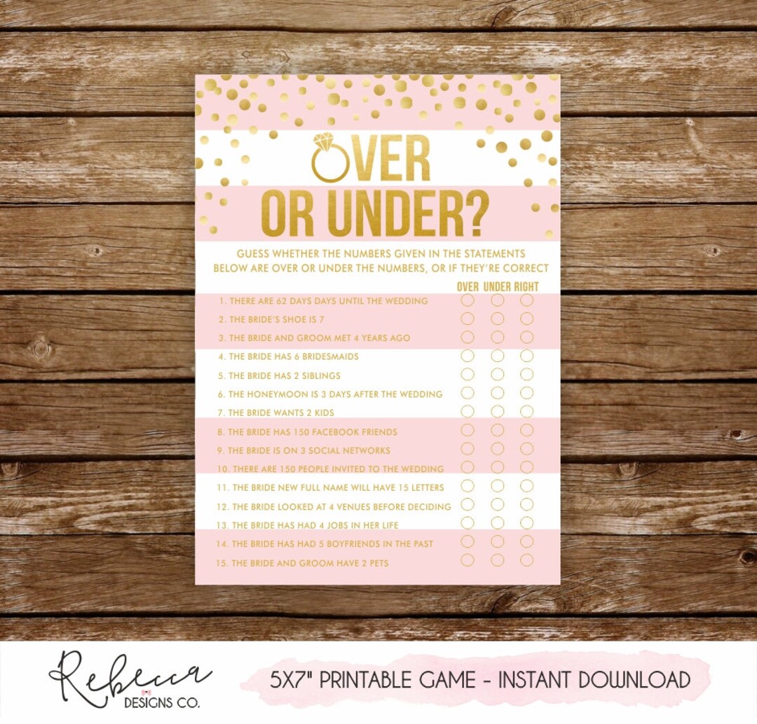 Over or Under Bridal Shower Game Printable Bachelorette Party Game Pink ...