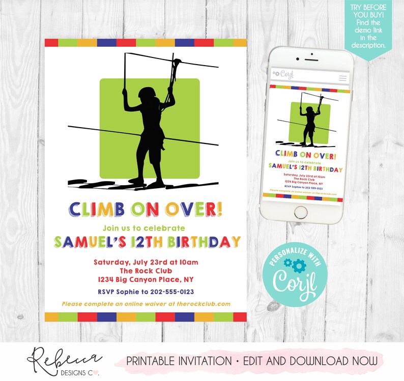 Ropes Course Invitation Obstacle Course Birthday Boy Zipline Invitation ...