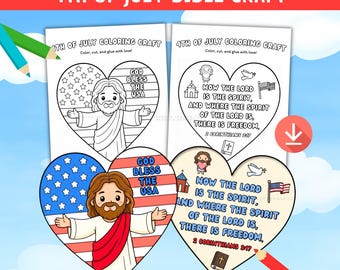 May include: Two heart-shaped 4th of July Bible crafts with illustrations of Jesus and American flag designs. The crafts include the text "God Bless the USA" and a Bible verse. The image also includes the text "4TH OF JULY BIBLE CRAFT".