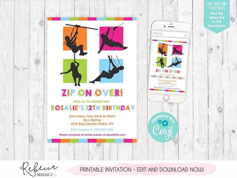 Zipline Invitation Girl Zipline Birthday Invitation Zip Line Party Invitation Girl Zip Line Birthday Ziplining Girl Adventure Birthday