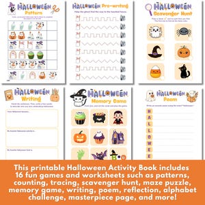 K&ouml;nnte beinhalten: Ein druckbares Halloween-Aktivit&auml;tsbuch mit verschiedenen Spielen und Arbeitsbl&auml;ttern. Enth&auml;lt Muster, Nachzeichnen, Schnitzeljagd, Schreibaufforderungen und ein Memory-Spiel. Mit Halloween-Illustrationen.