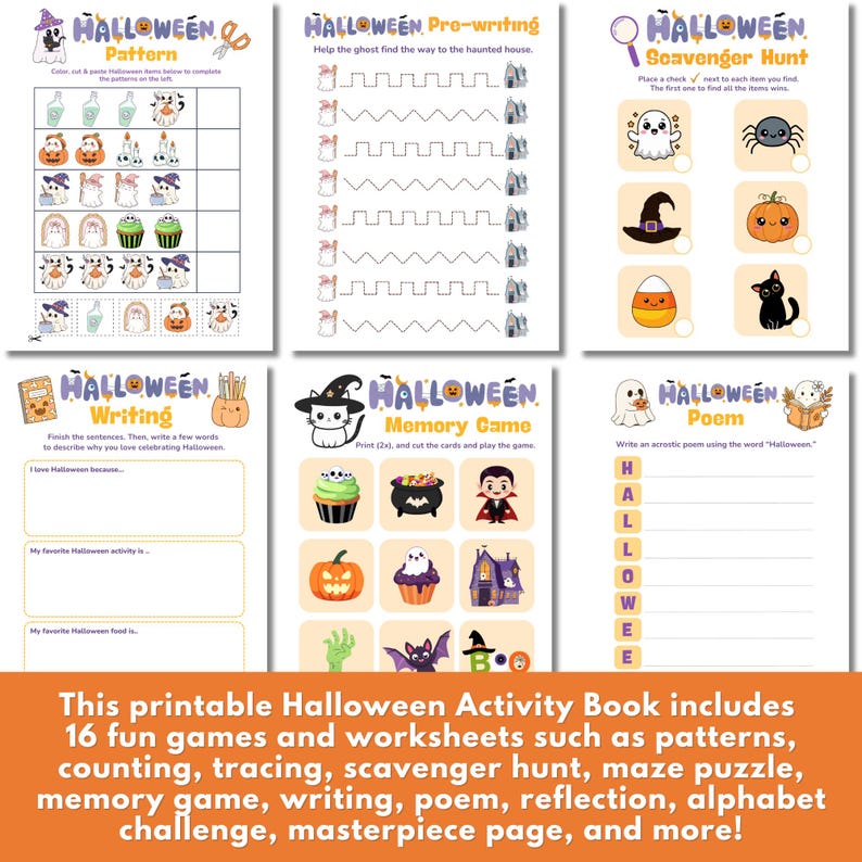 K&ouml;nnte beinhalten: Ein druckbares Halloween-Aktivit&auml;tsbuch mit verschiedenen Spielen und Arbeitsbl&auml;ttern. Enth&auml;lt Muster, Nachzeichnen, Schnitzeljagd, Schreibaufforderungen und ein Memory-Spiel. Mit Halloween-Illustrationen.