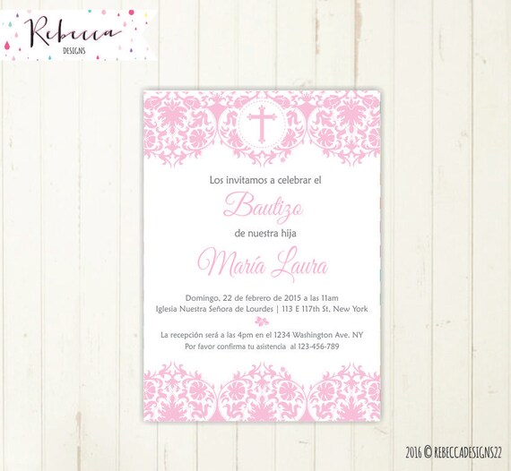 Invitacion de comunion niña imprimible primera comunion invitacion rosa  first communion girl in spanish comunion en español digital file 179 by  Rebecca Designs Co.