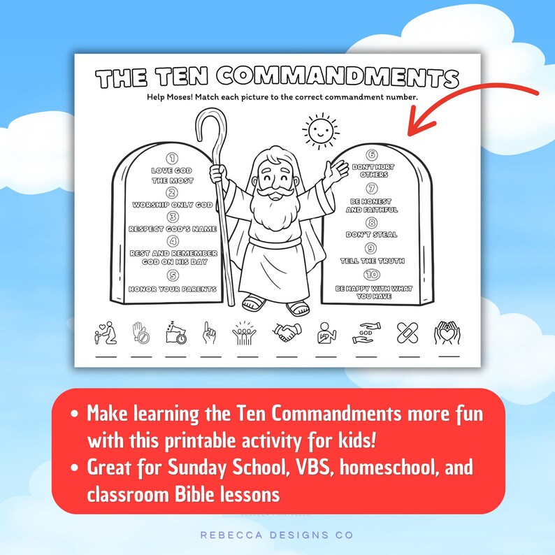 Ten Commandments Activity for Kids Coloring Page Printable Bible Lesson ...