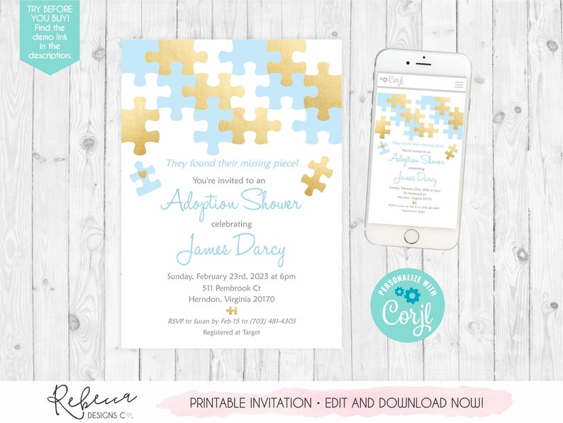 Boy Adoption Shower Invitation Foster Parents Boy Printable Adoption Party Invite Foster Shower Baby Puzzle Invite Adoption Celebration 344 image 1