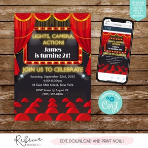 Movie Birthday Invitation Movie Night Invitation Lights Camera Action Invite Movie Party School Auction Printable Opening Night Invite 285 image 2