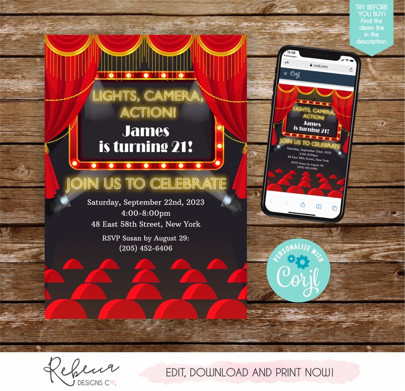 Movie Birthday Invitation Movie Night Invitation Lights Camera Action Invite Movie Party School Auction Printable Opening Night Invite 285 image 2
